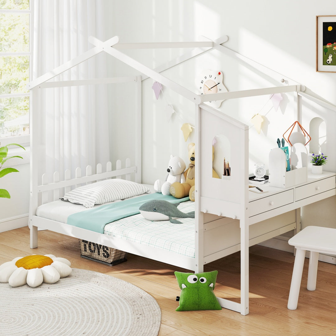 Cama Montessori com Secretária e Telhado para Crianças