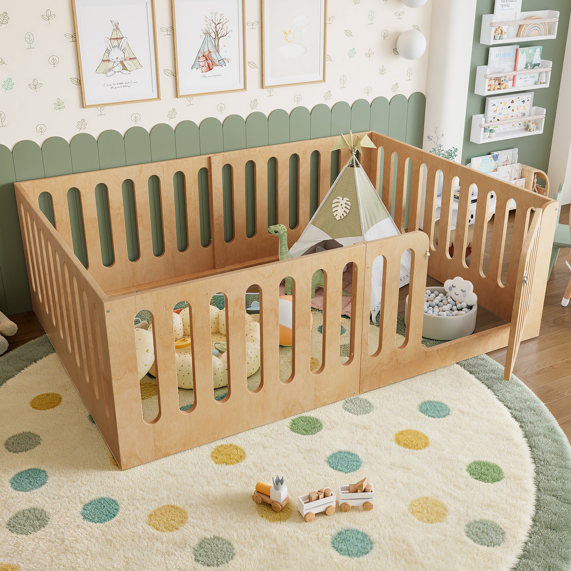 Cama de Chão Montessori em Madeira com Porta e Vedação Alta