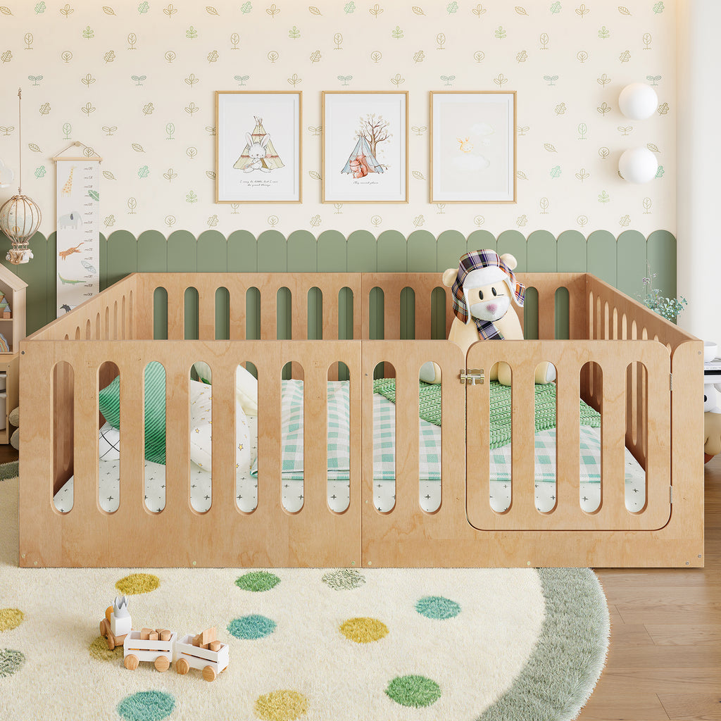 Cama de Chão Montessori em Madeira com Porta e Vedação Alta