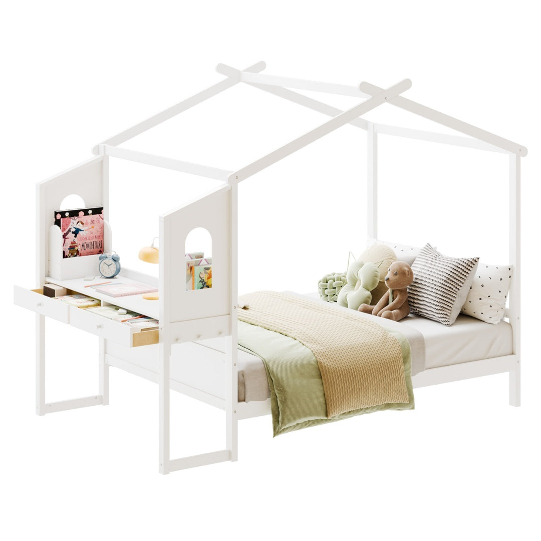 Cama Montessori com Secretária e Telhado para Crianças