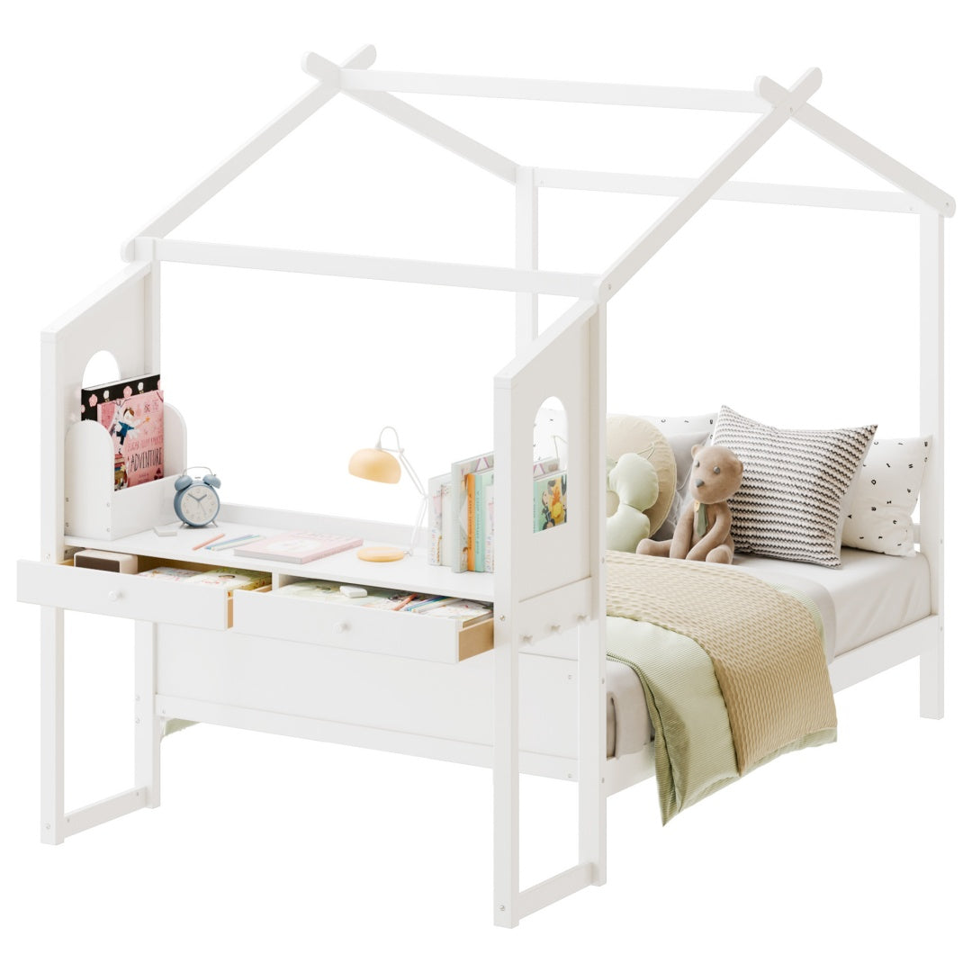 Cama Montessori com Secretária e Telhado para Crianças