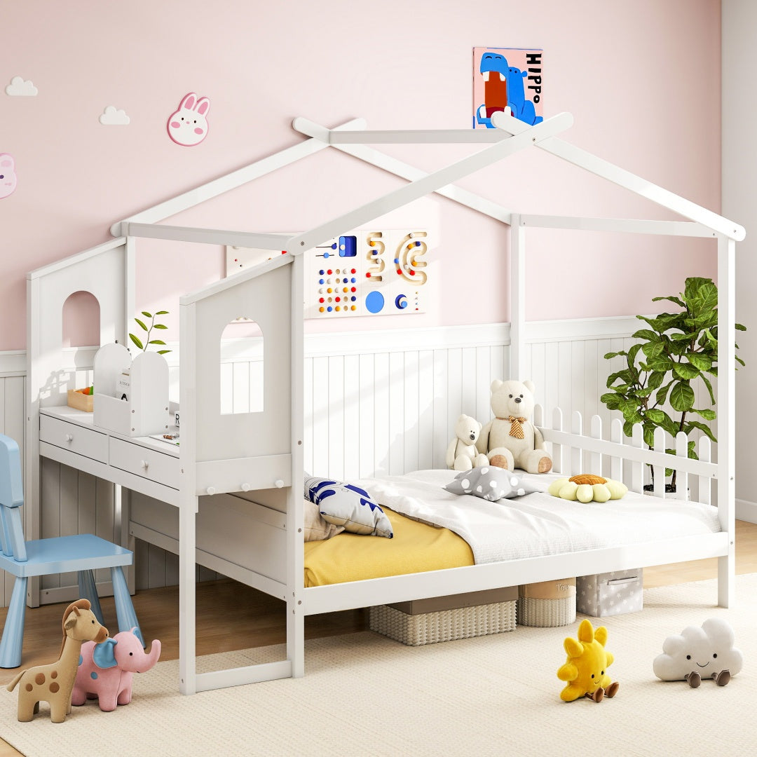 Cama Montessori com Secretária e Telhado para Crianças
